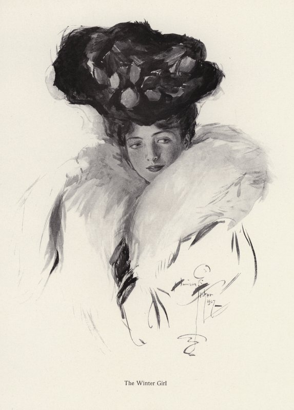 Fiatal nő portréja kalapban és bundában (litho) alkotó: Harrison Fisher