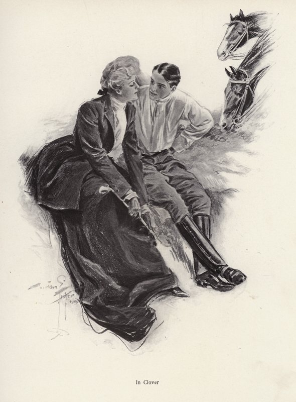 Romantikus pár szünetet tart egy lovaglás közben (litho) alkotó: Harrison Fisher