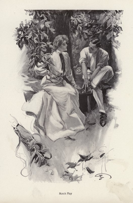 Romantikus pár szünetet tart a golfozásban (litho) alkotó: Harrison Fisher