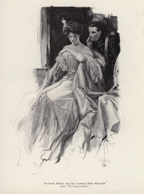 Két szereplő, Desmond Ellery és Frina Mavrodin grófnő a Moritza hercegnő című regényből, Percy Brebnertől (litho) alkotó: Harrison Fisher