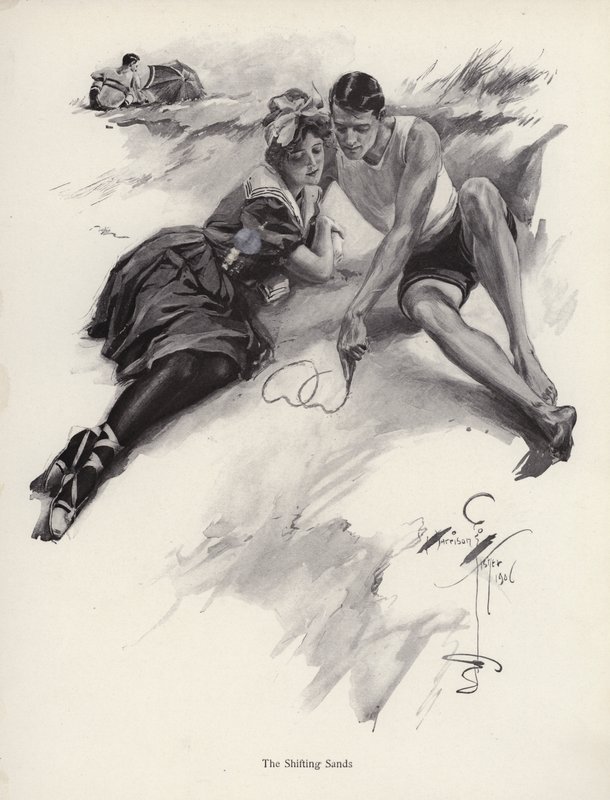 Két szerelmes szíveket rajzol a homokba a tengerparton (litho) alkotó: Harrison Fisher