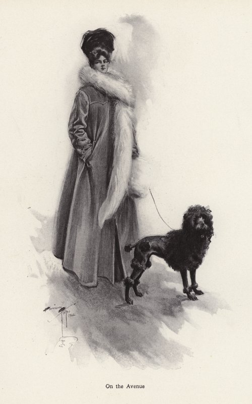 Hosszú kabátos nő uszkárral (litográfia) alkotó: Harrison Fisher