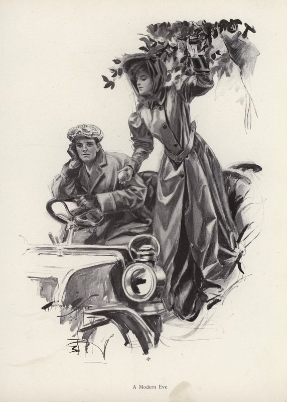 Nő almát szed az autó belsejéből (litho) alkotó: Harrison Fisher