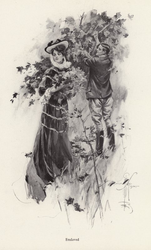 Virágot szedő nő egy férfi csodálójával (litho) alkotó: Harrison Fisher