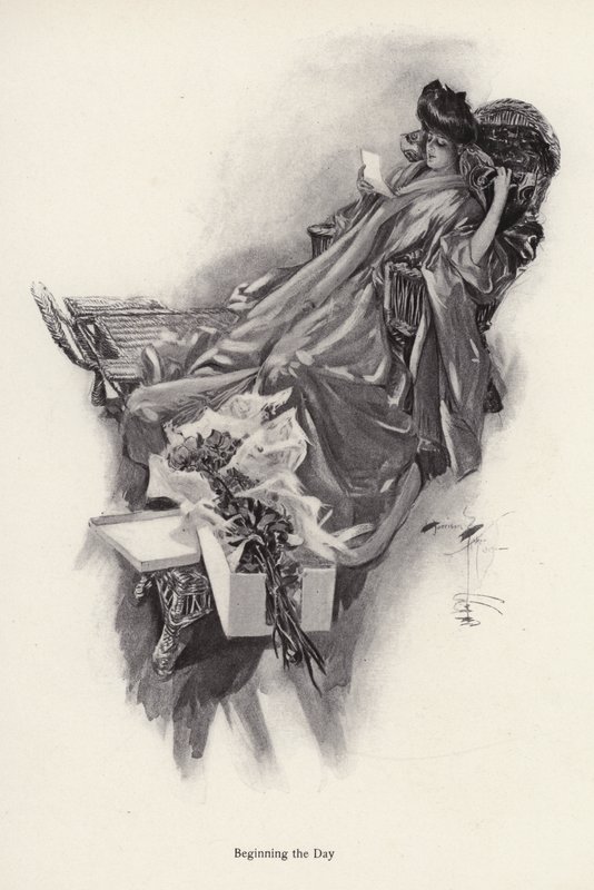 Nő virágcsokrot kap egy csodálójától (litho) alkotó: Harrison Fisher
