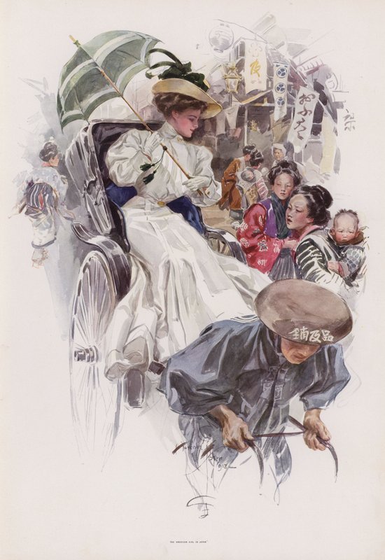 Fiatal amerikai nő japán riksában lovagol (színes litho) alkotó: Harrison Fisher