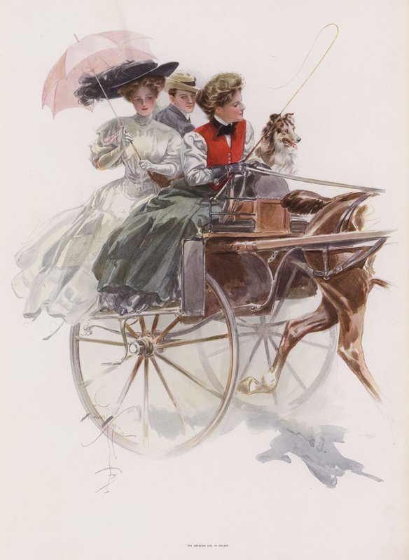 Fiatal amerikai nő koncerten vagy hasonló lovaskocsin lovagol Írországban (színes litho) alkotó: Harrison Fisher