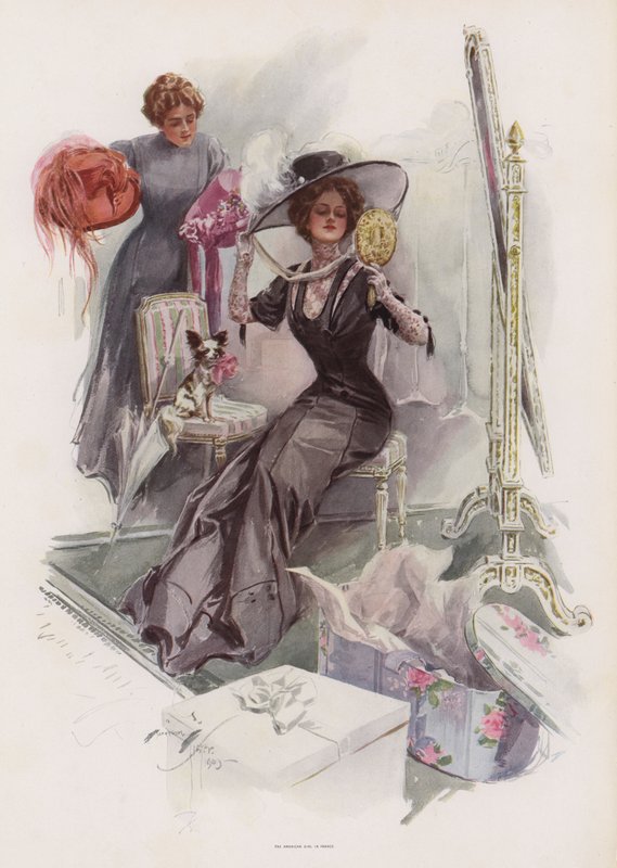Fiatal amerikai nő kalapot próbál fel egy francia kalaposnál (színes litho) alkotó: Harrison Fisher