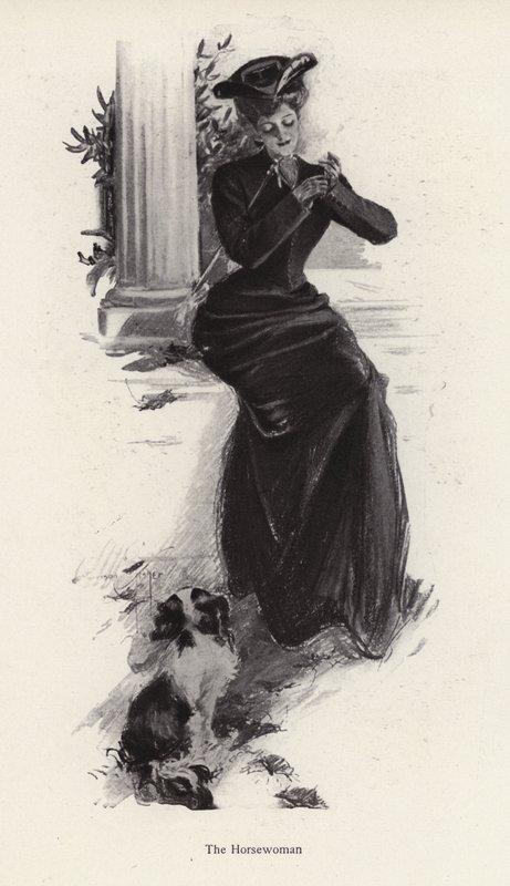 Fiatal nő és a kutyája arra vár, hogy lovagolni menjen (litho) alkotó: Harrison Fisher