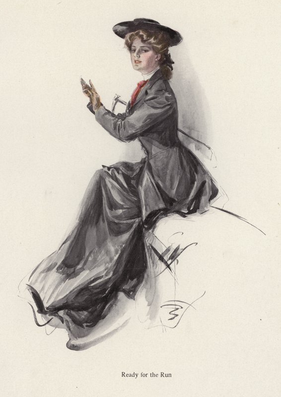 Fiatal nő lovaglásra készülődik (színes litográfia) alkotó: Harrison Fisher