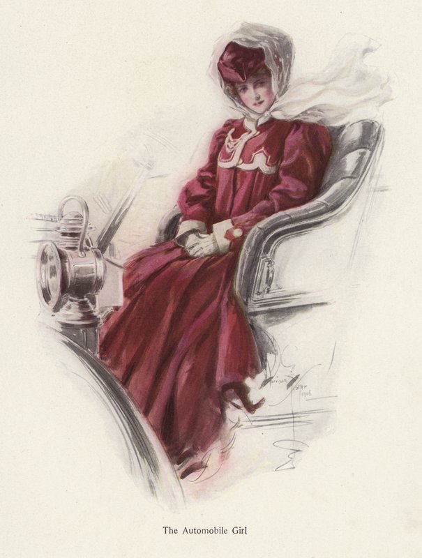 Fiatal nő ül egy autóban (színes litó) alkotó: Harrison Fisher