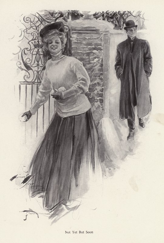 Fiatal nő arra vár, hogy hógolyókat dobjon egy férfira (litho) alkotó: Harrison Fisher