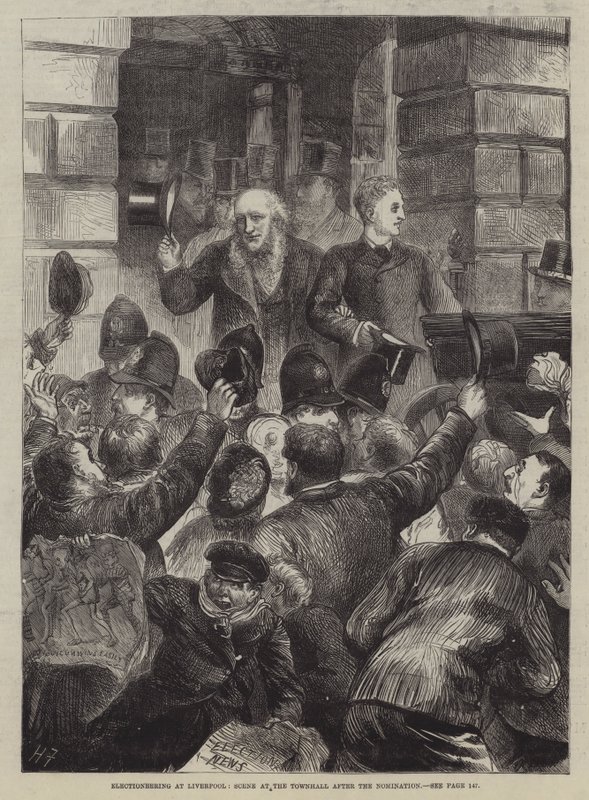 Választások Liverpoolban, jelenet a városházán a jelölés után alkotó: Harry Furniss