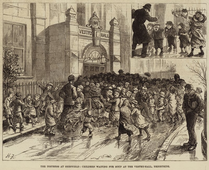 A Sheffieldi vészhelyzet, levesre várakozó gyerekek a Vestry-Hallban, Brightside alkotó: Harry Furniss