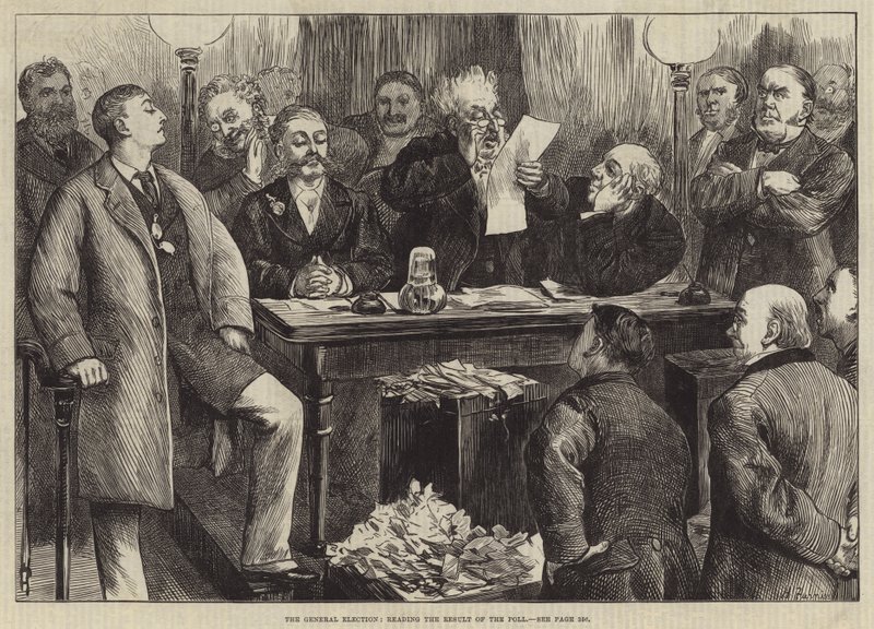 Az általános választás, a szavazás eredményének elolvasása alkotó: Harry Furniss