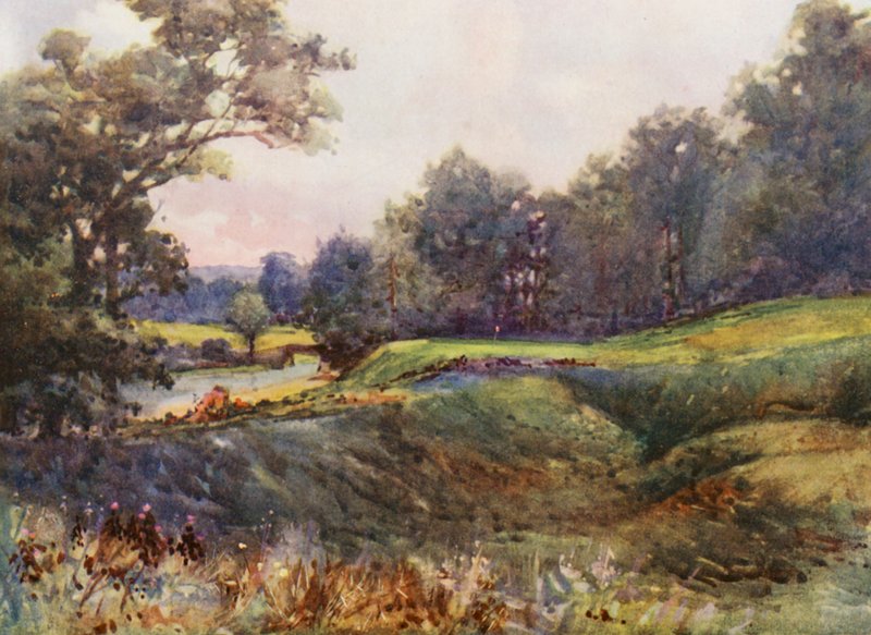 Golfpályák: lyuk (színes litográfia): Cassiobury Park, az új tizennyolcadik lyuk (színes litográfia) alkotó: Harry (1878 1950) Rountree