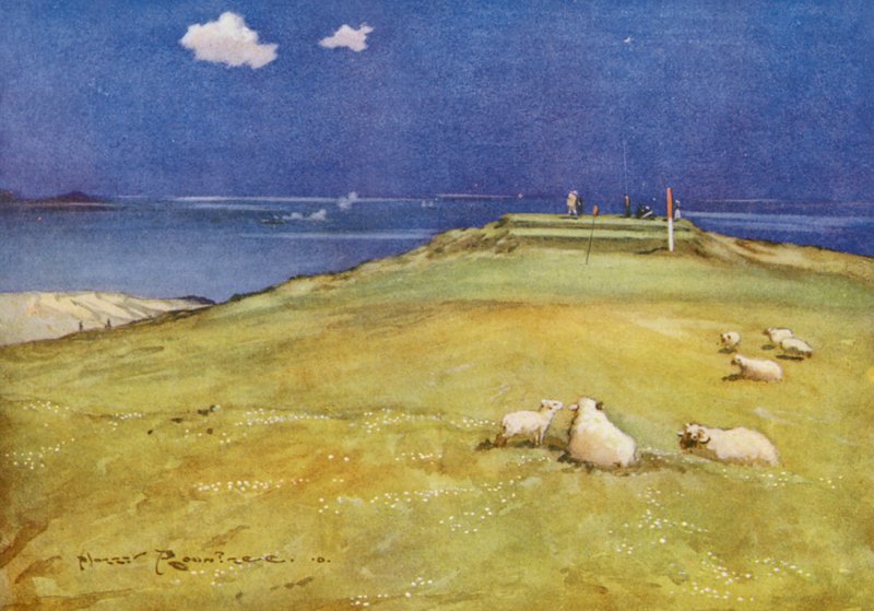 Golfpályák: Gullane, a hatodik zöld és a hetedik tee (színes litho) alkotó: Harry (1878 1950) Rountree