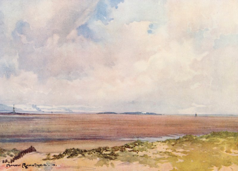 Golfpályák: Hoy tó, a kilencedik pályáról a Hilbre felé nézve (színes lithó) alkotó: Harry (1878 1950) Rountree
