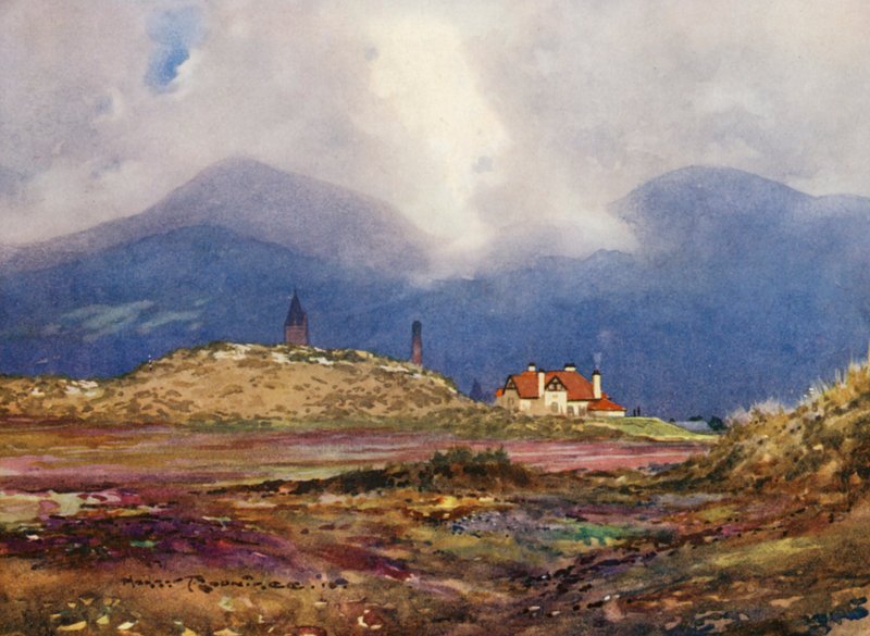 Golfpályák: Newcastle, a kilencedik ütés és a klubház (színes litográfia) alkotó: Harry (1878 1950) Rountree