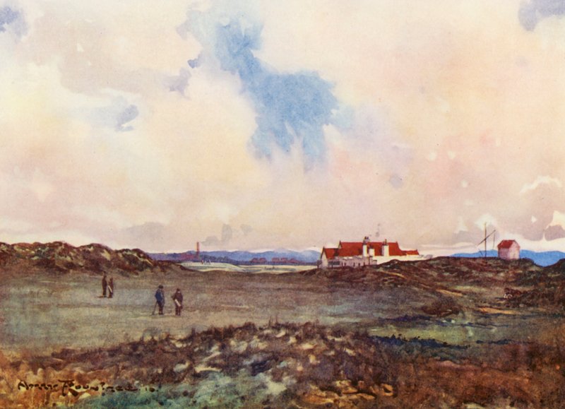 Golfpályák: Portmarnock, a második ütés a tizennyolcadik lyuknál (színes lithó) alkotó: Harry (1878 1950) Rountree