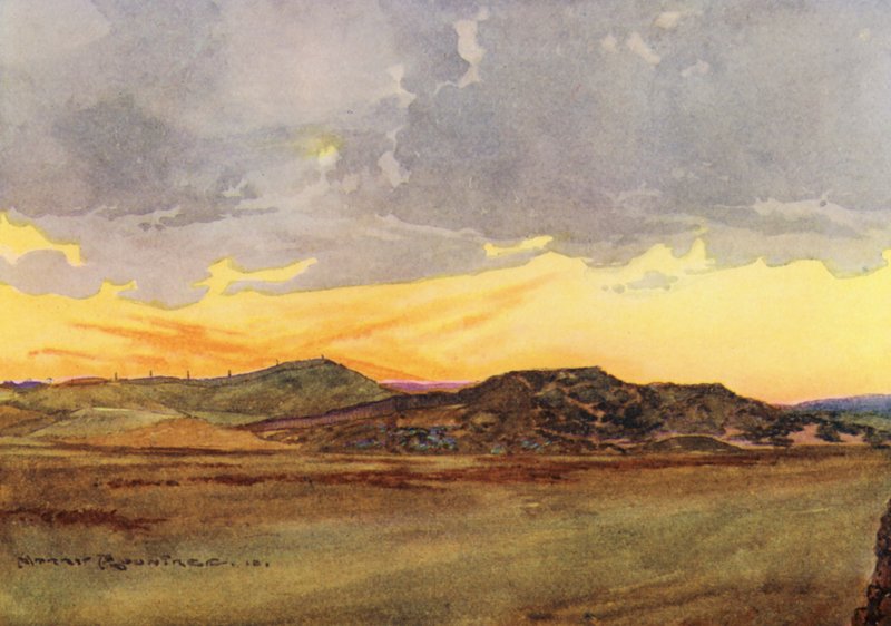 Golfpályák: Prestwick, visszanézve az "Alpokra" (színes litográfia) alkotó: Harry (1878 1950) Rountree