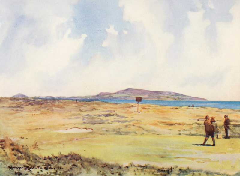 Golfpályák: Dollymount, az első tee, a Howth felé nézve (színes lithó) alkotó: Harry (1878 1950) Rountree