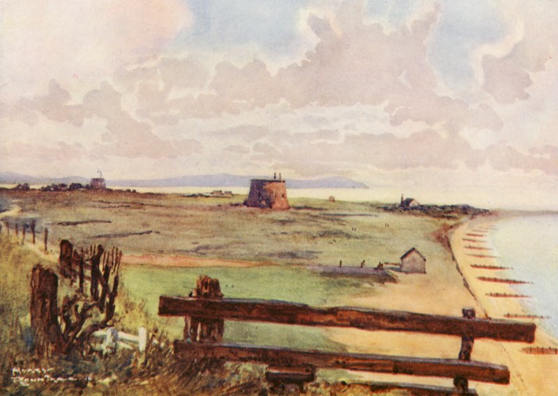 Golfpályák: Felixtowe, a pálya általános nézete (színes lithó) alkotó: Harry (1878 1950) Rountree