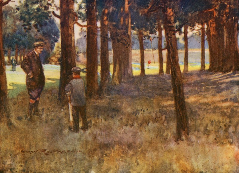 Golfpályák: Mildenhall, egy rossz slice eredménye a hatodiknál (színes litho) alkotó: Harry (1878 1950) Rountree