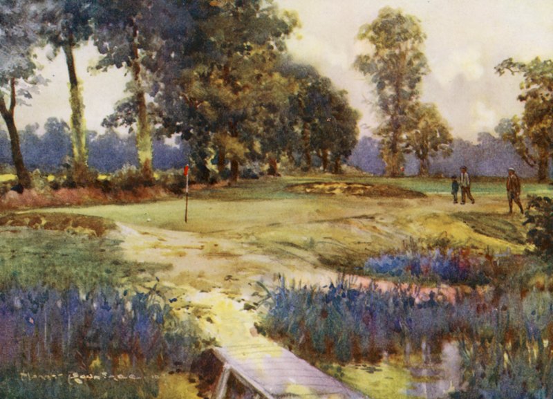 Golfpályák: Romford, a hatodik zöld (színes litográfia) alkotó: Harry (1878 1950) Rountree