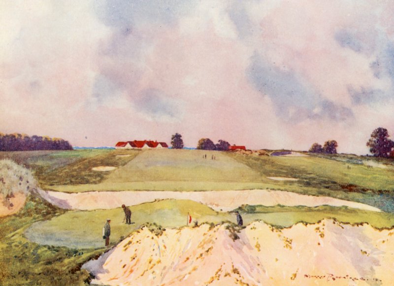Golfpályák: Sandy Lodge, az első green, a klubház felé nézve (színes litográfia). alkotó: Harry (1878 1950) Rountree