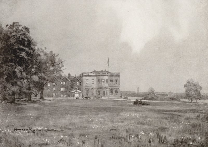 Golfpályák: Golfpálya: Trafford Park, a klubház a tizennyolcadik pályáról (litho) alkotó: Harry (1878 1950) Rountree
