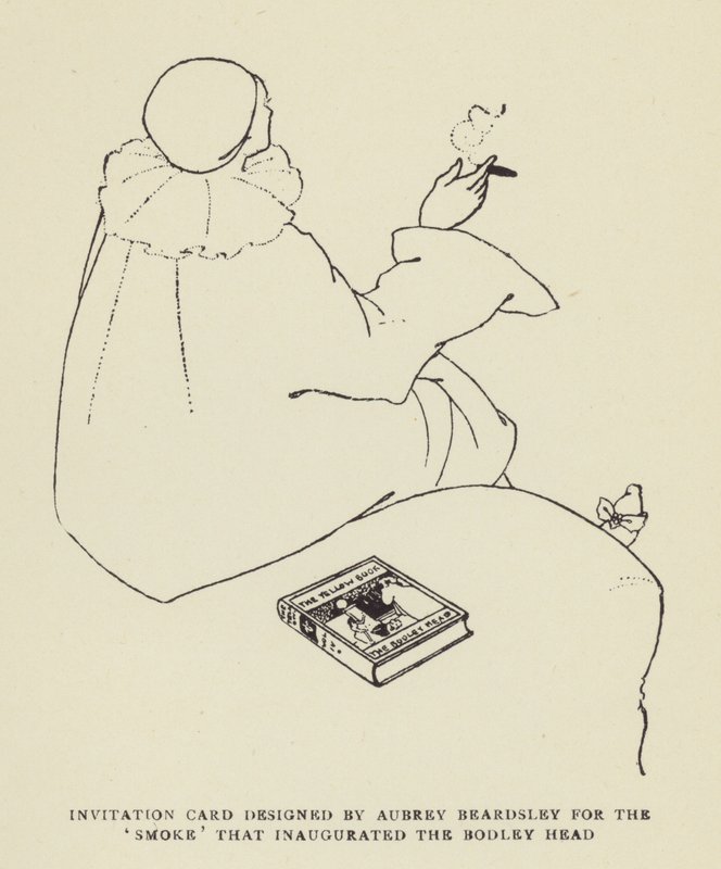 Aubrey Beardsley által tervezett meghívó a Bodley Head-et felavató Smoke-hoz alkotó: Harry Furniss