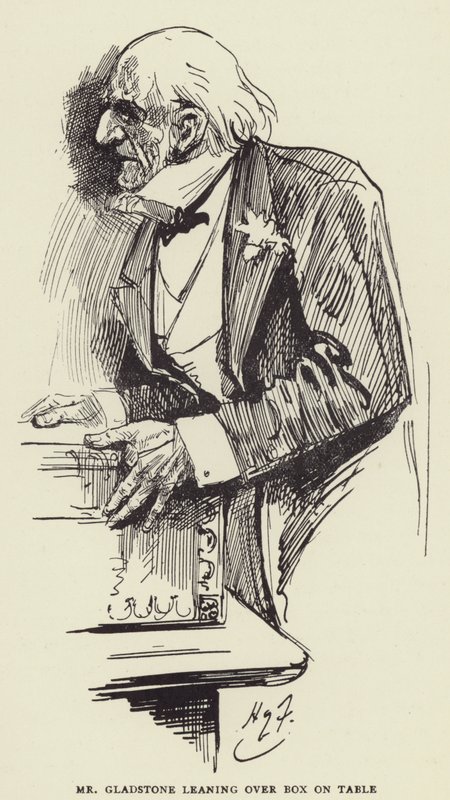 Mr Gladstone az asztalon lévő doboz fölé hajolva alkotó: Harry Furniss
