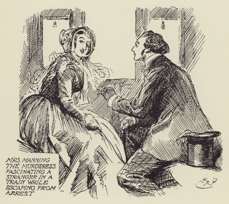 Mrs. Manning, a gyilkosnő elbűvöl egy idegent a vonatban, miközben menekül a letartóztatásból alkotó: Harry Furniss