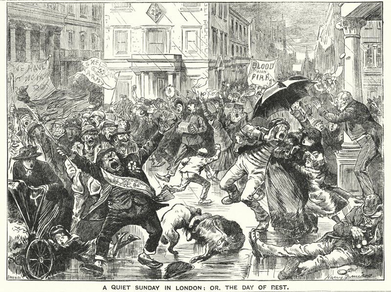 Punch rajzfilm: Egy csendes vasárnap Londonban; vagy a nyugalom napja (metszet) alkotó: Harry Furniss