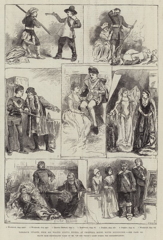 Tableaux Vivants Sir Walter Scott regényeiből, a Cromwell House-ban, South Kensington alkotó: Harry Furniss