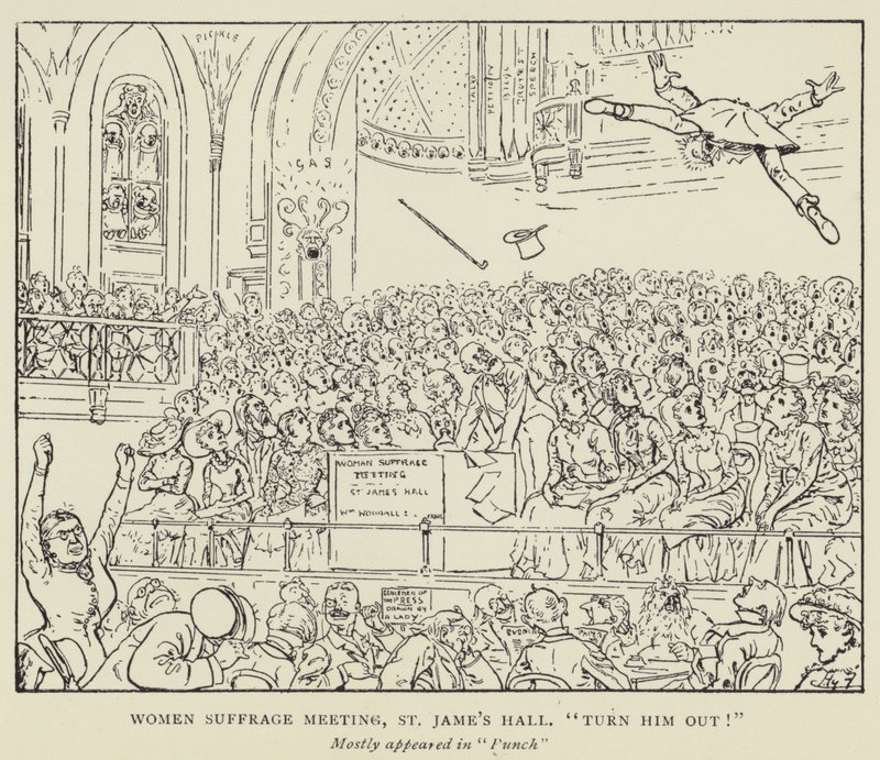 Nők választójogi találkozója, St James Hall, fordítsd ki! alkotó: Harry Furniss