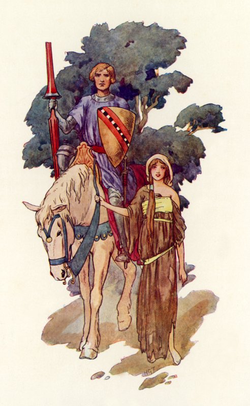 Lovag egy rongyos leánykával az oldalán (színes litográfia) alkotó: Harry George Theaker