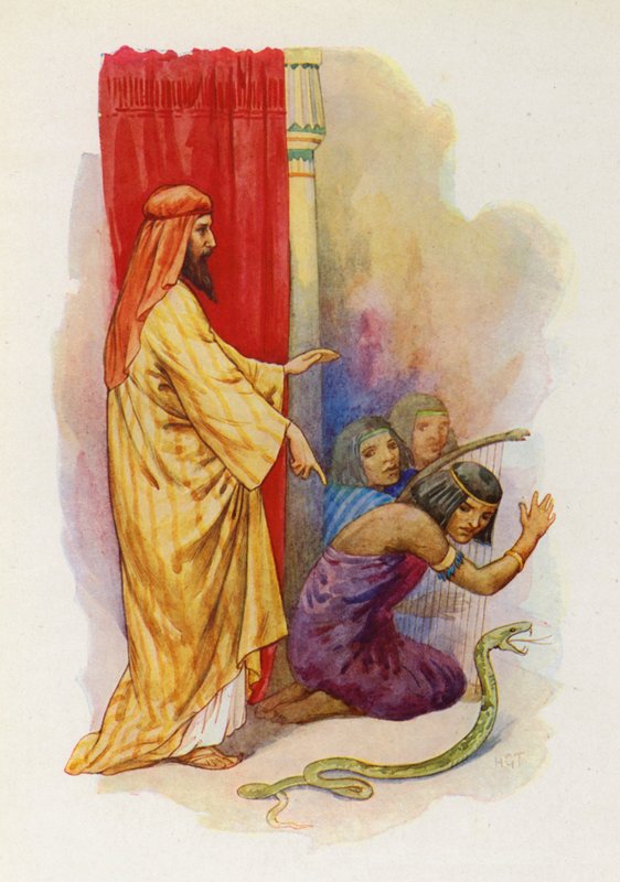 Áron botja élő kígyó alakjában a földre hullott (színes litográfia). alkotó: Harry George Theaker