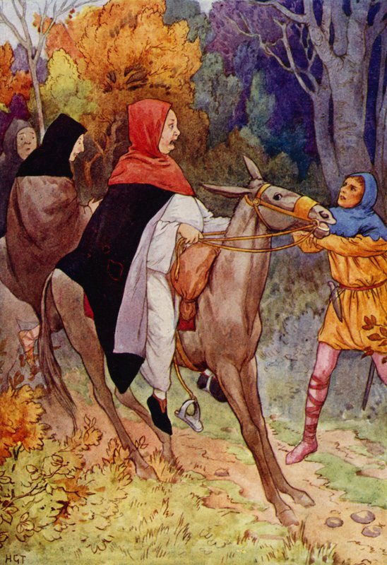 Hugó apát alig szólalt meg, amikor megragadták a gyeplőjét (színes litográfia). alkotó: Harry George Theaker