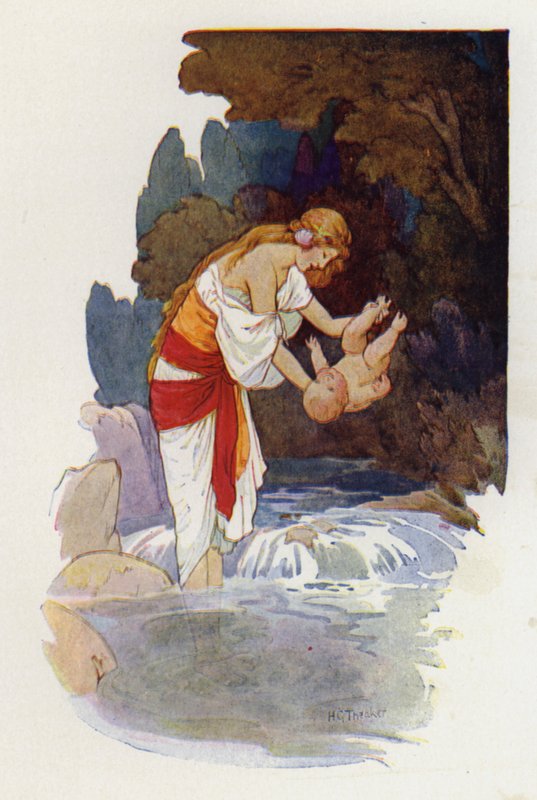 Akhilleusz, amint Thetisz megmártja a gyermeket, az egyik sarkánál fogva tartja (színes litográfia) alkotó: Harry George Theaker