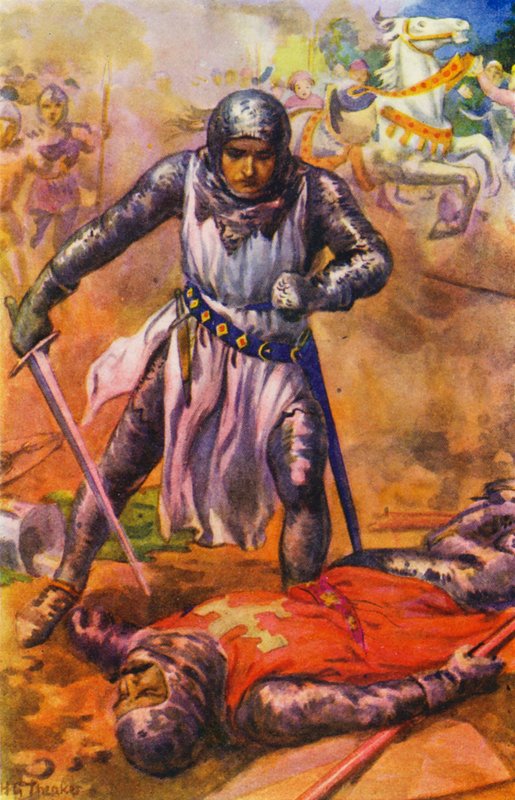 "Heves küzdelem után a templomosok vereséget szenvedtek" (színes litográfia) alkotó: Harry George Theaker