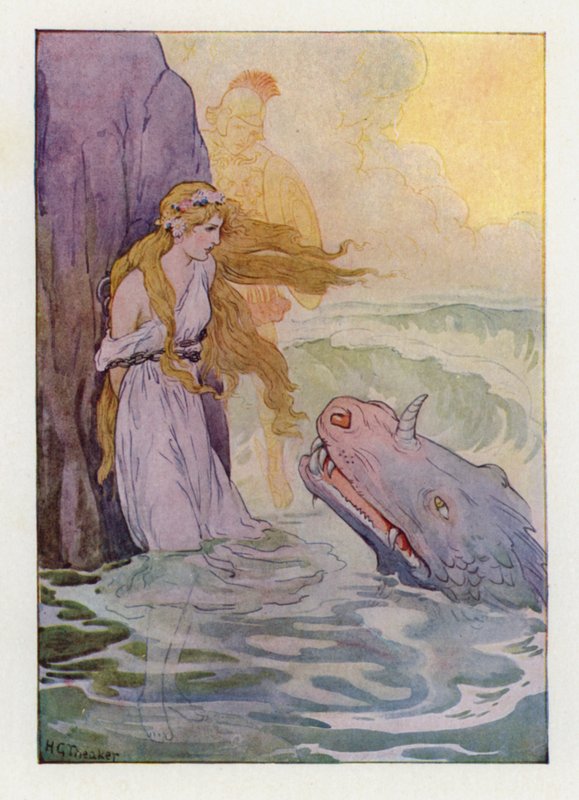 Andromeda és a szörny (színes litográfia) alkotó: Harry George Theaker