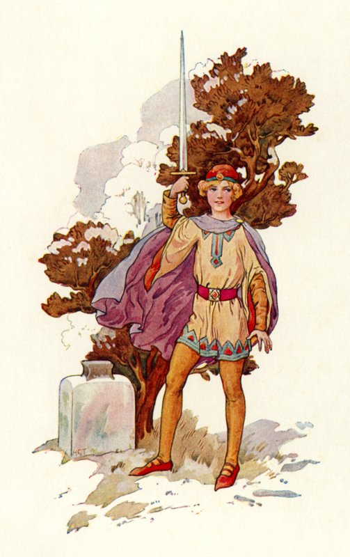 Arthur az eszkaliburral (színes litográfia) alkotó: Harry George Theaker