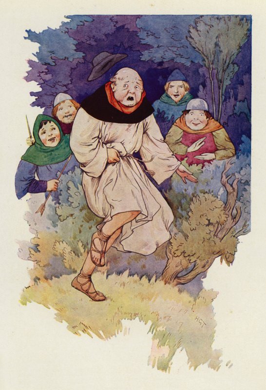 Amikor a nyílhegy először érintette a köpenyét, az apát felugrott a levegőbe, és felsikoltott (színes litográfia). alkotó: Harry George Theaker