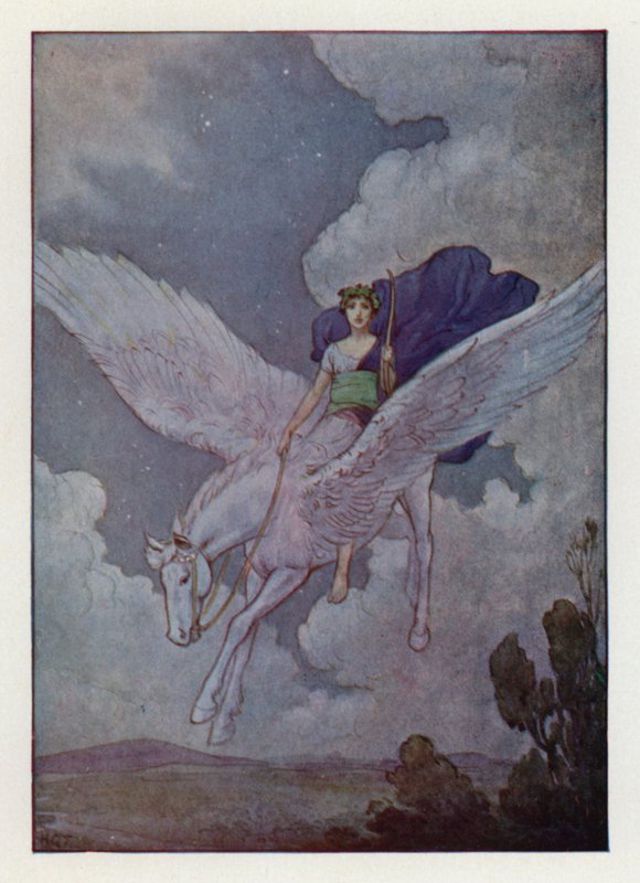 Bellerophon és ezüstszárnyú lova (színes litográfia) alkotó: Harry George Theaker
