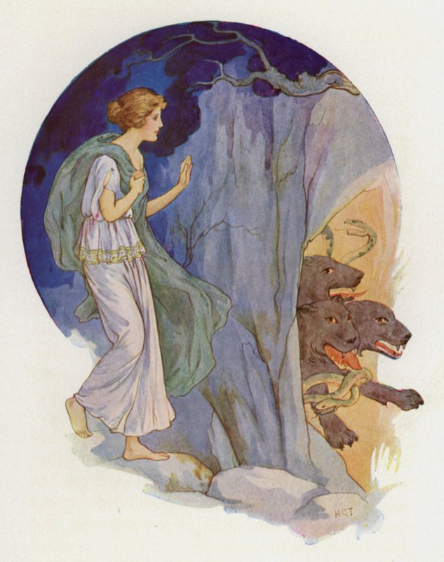 Cerberus, a háromfejű szörnyű kutya (színes litográfia) alkotó: Harry George Theaker