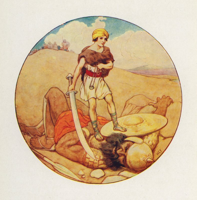 Dávid megragadta az óriás saját kardját, és levágta Góliát fejét (színes litográfia). alkotó: Harry George Theaker
