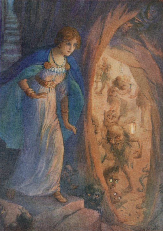 Freyja a törpék barlangjában, a "Freyja nyakláncából" (színes litográfia) alkotó: Harry George Theaker