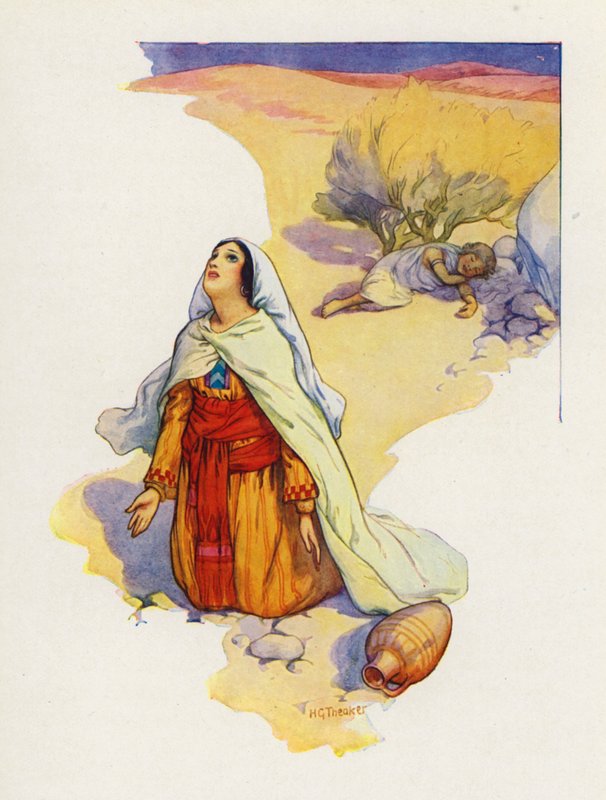 Hágár egy bokor árnyékába fektette a gyermeket (színes litográfia) alkotó: Harry George Theaker